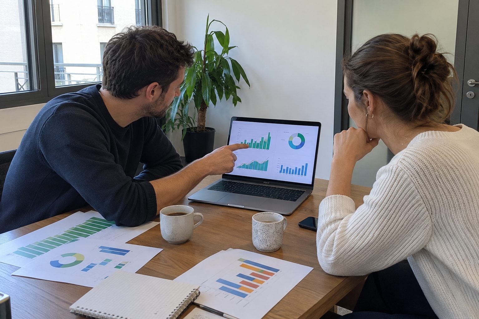 Deux personnes analysant des courbes de consommation
