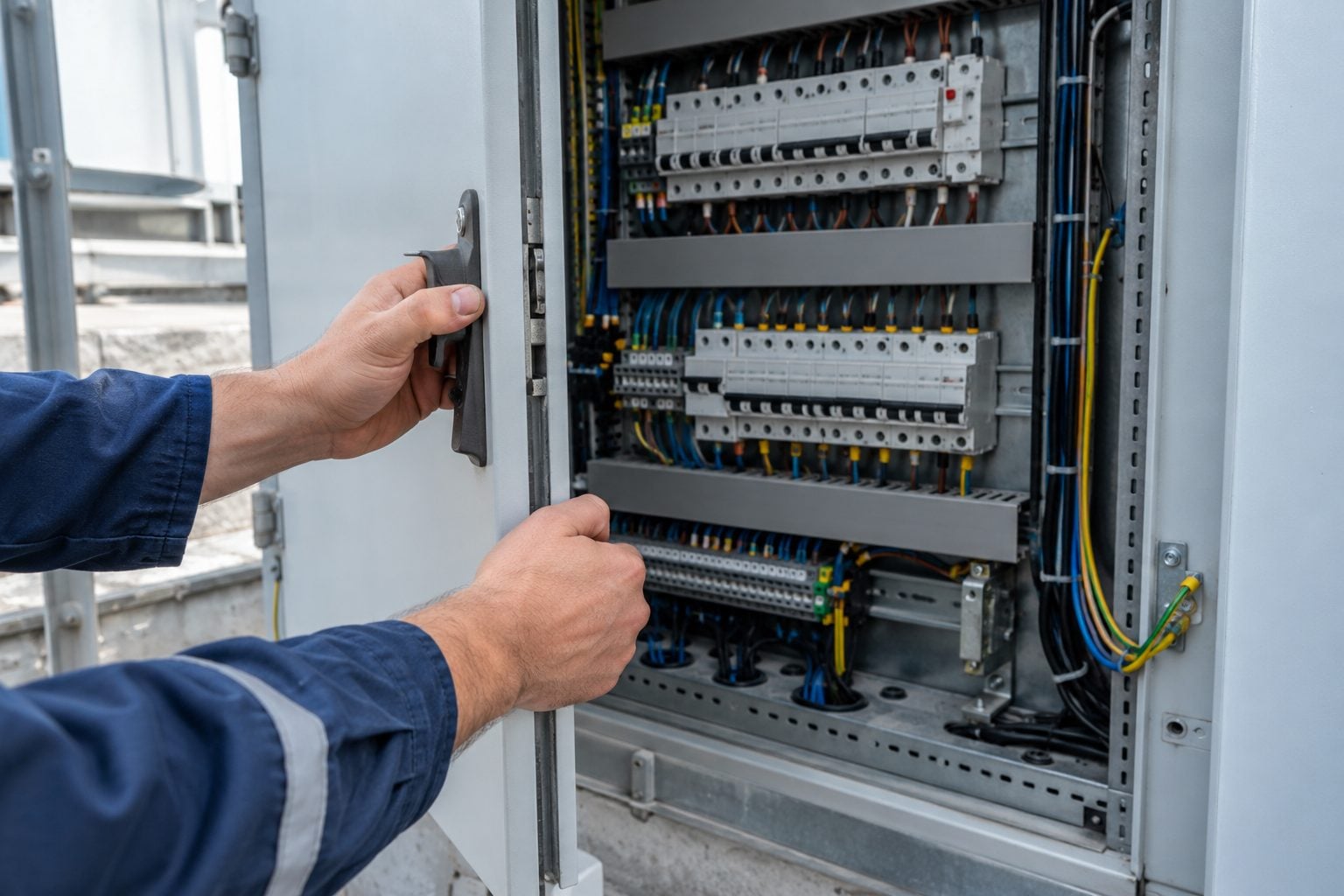 Électricien ouvrant une armoire électrique